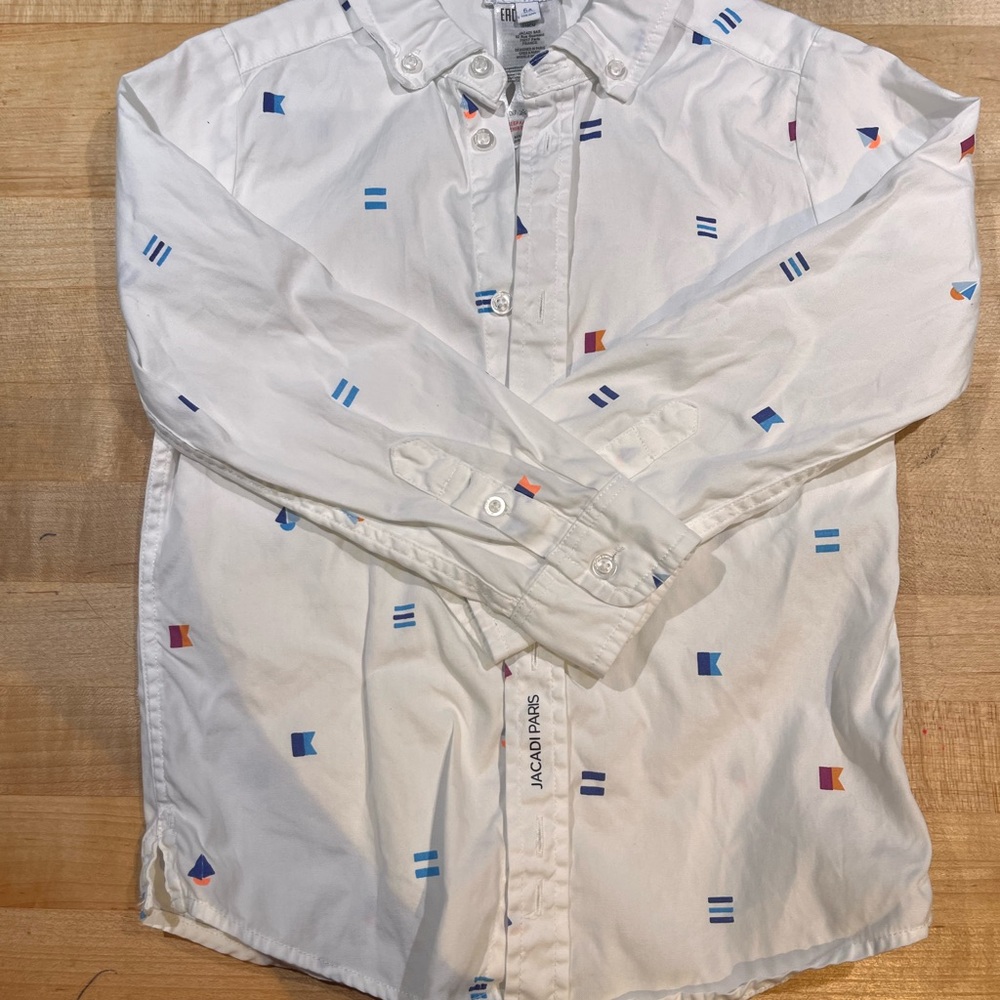 Jacadi White and Blue Button Down Shirt with Geometric Pattern